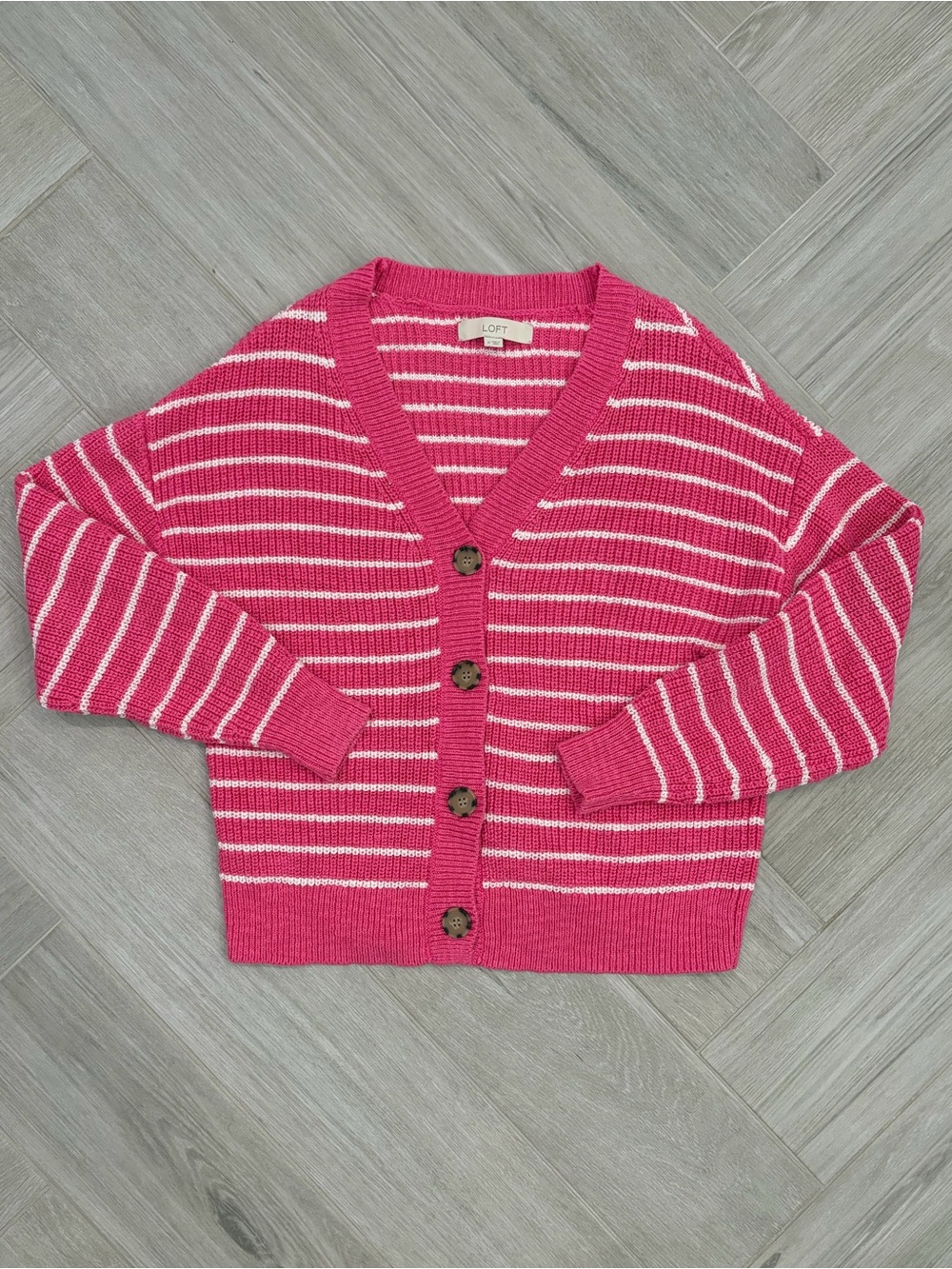 Loft Bright Pink Striped and White Striped V-Neck Button Cardigan Sweater Medium